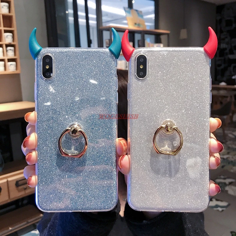 

Glitter Case For OPPO A3 A3S A5 A5S A7 A77 F3 A73 F5 F7 F9 A7X F11 Pro Demon Devil Horn Silicone Cover Ring bracket Phone Holder