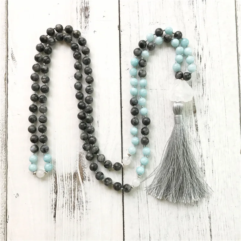 Natural Labradorite 108 Mala Bead Necklaces Meditation Mala Necklace Yoga Jewelry Tassel Necklace Hand Knotted Prayer Necklace