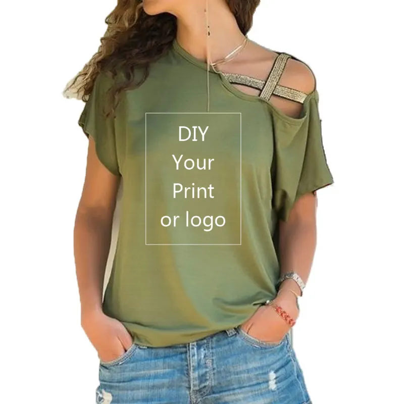 Customized Print T Shirt for Women DIY Your like Photo or Logo Top T-shirt Femme Irregular Skew Cross Bandage Size S-5XL Tees 2