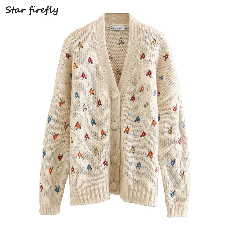 ^Cheap Star Firefly Fashion Za Cardigan Women 2020Spring New Loose V-neck Single Breasted Contrast Stitching Beaded Embroidery Cardigan