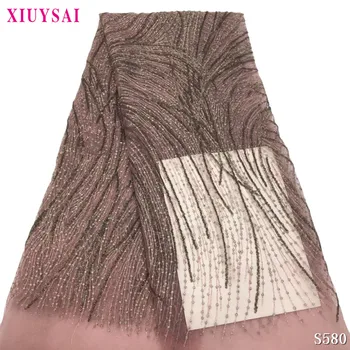 

XIUYSAI African French net lace fabric with sequins embroidery and Pink Fashion tulle lace fabric for wedding dress 5yards SL580
