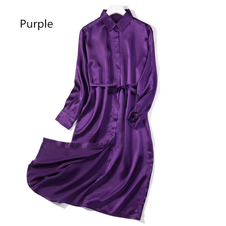 Purple Женское Летнее шелковое платье, многоцветные платья из натурального шелка, элегантное платье, повседневное праздничное длинное платье-рубашка из натурального шелка - Цвет: Purple