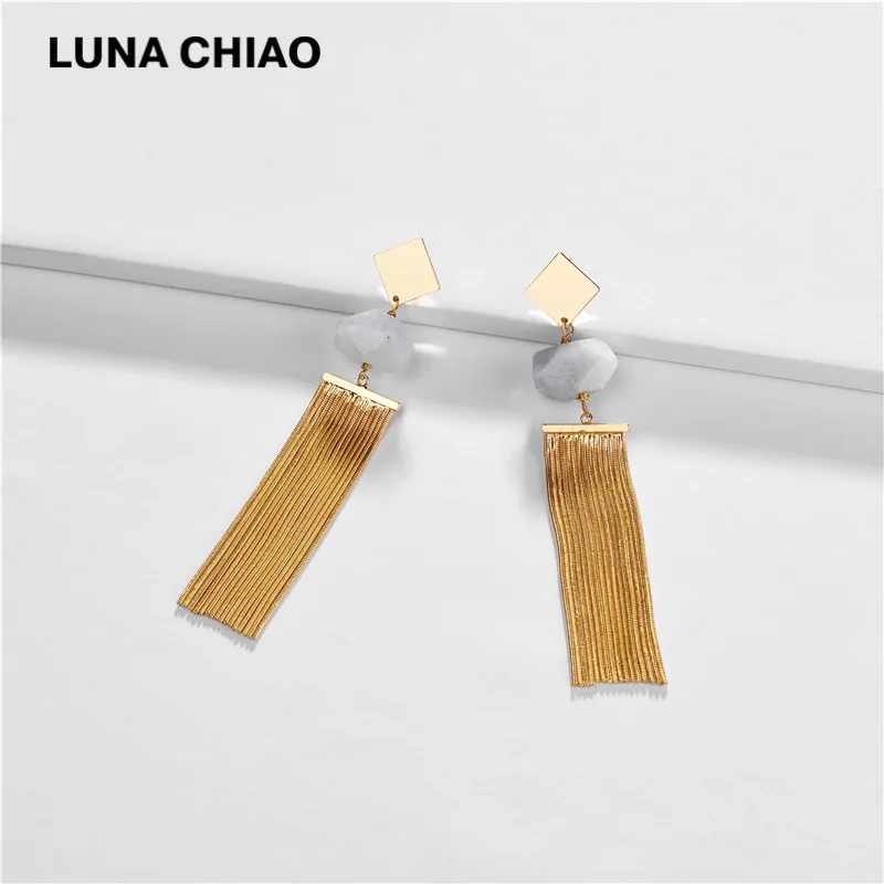 LUNA CHIAO, медь латунь, цепочка в виде змеи, бахрома, висячие серьги, натуральный камень, массивные серьги для женщин - Окраска металла: Green