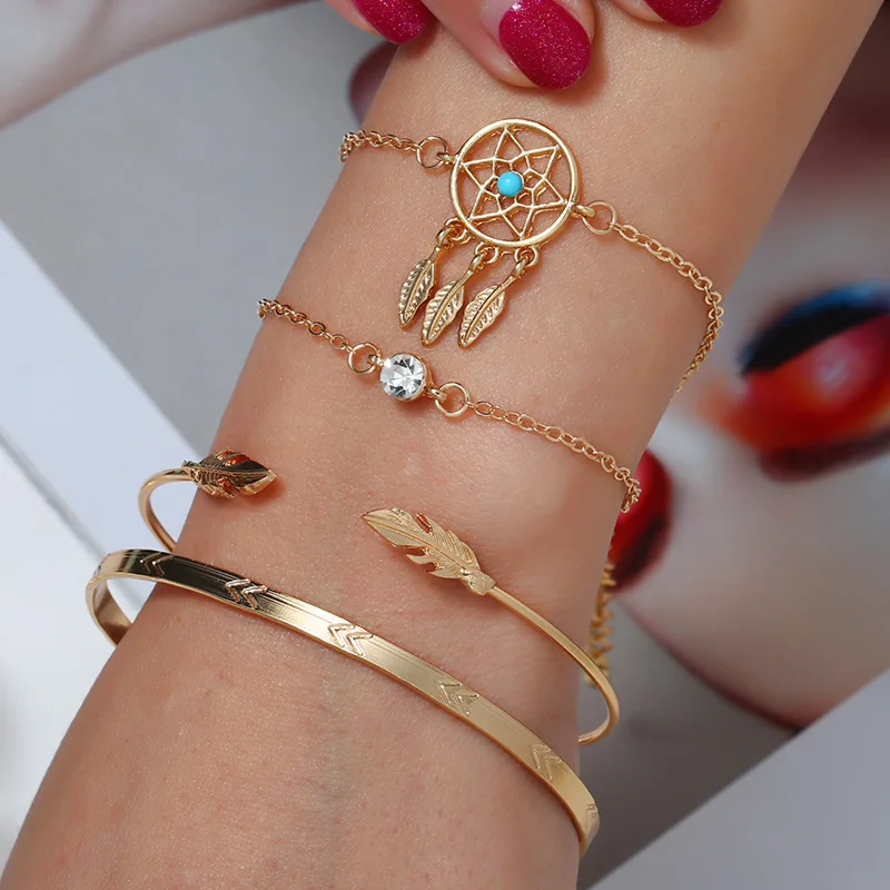

Bohemian gold leaf round geometric chain Bracelet with alloy crystal for Women chain link bracelet party Jewelry wholesale