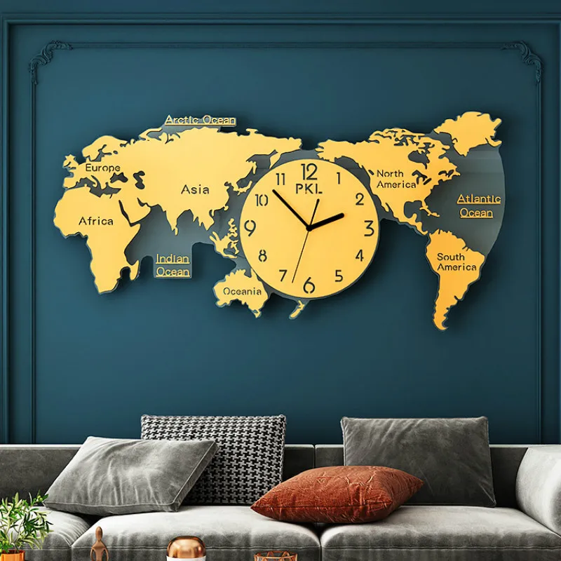 Round Wood Wall Clock Map Background with Numerals Battery Operated Silent Non for Living Room Kitchen Bedroom 416