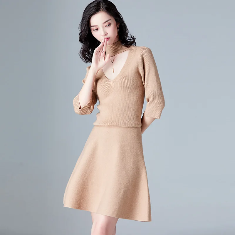 

95 Special Offer 2018 Spring New Style Korean-style V-neck Joint Jersey Dress WOMEN'S Dress Solid Color Elastic Waist Medium-len