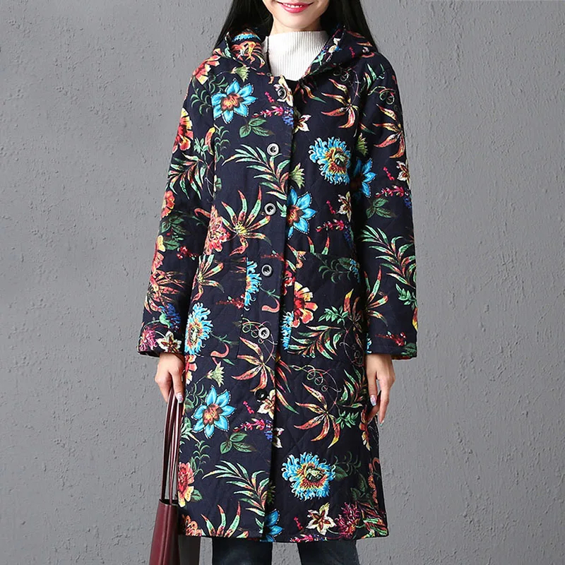 Versear, Женская Осенняя зимняя Этническая разноцветная Повседневная Длинная Куртка с капюшоном и карманами, пальто размера плюс, верхняя одежда