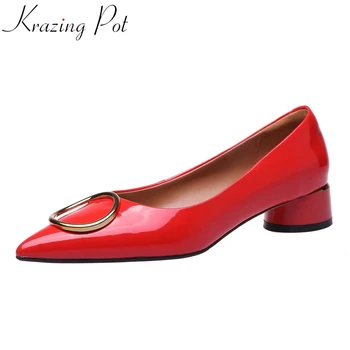 

Krazing pot 2020 new genuine leather pointed toe med heel wedding shoes metal decorations women slip on solid shallow pumps L10