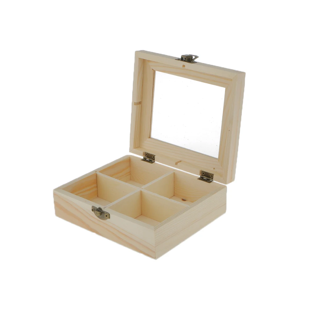 Plain Unpainted Wooden Tool Jewelry Storage Box Glass Lid 4 Grids Chest Case
