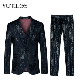 

YUNCLOS Flat Collar Bright Black Print Men's Suits Hot Sales Slim Wedding Party Dress Suits 3 Pieces Men Long Sleeve Suits