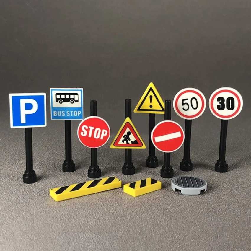  10Pcsset DIY Street Road Traffic Warning Sign Building Blocks Legoingly City Street MOC Baseplate Accessories Bricks Kids Toys (5)