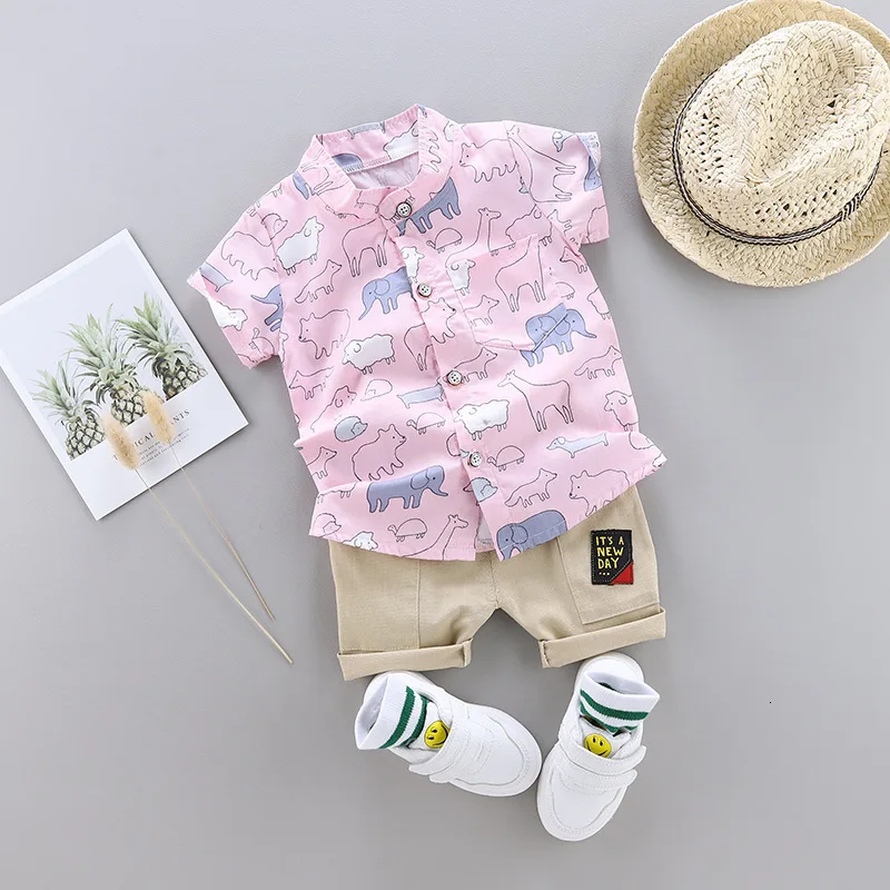 Новая одежда для маленьких мальчиков летний комплект с принтом, детская одежда рубашка с короткими рукавами, костюм для маленьких мальчиков, костюм для детей, одежда - Цвет: PinkElephant