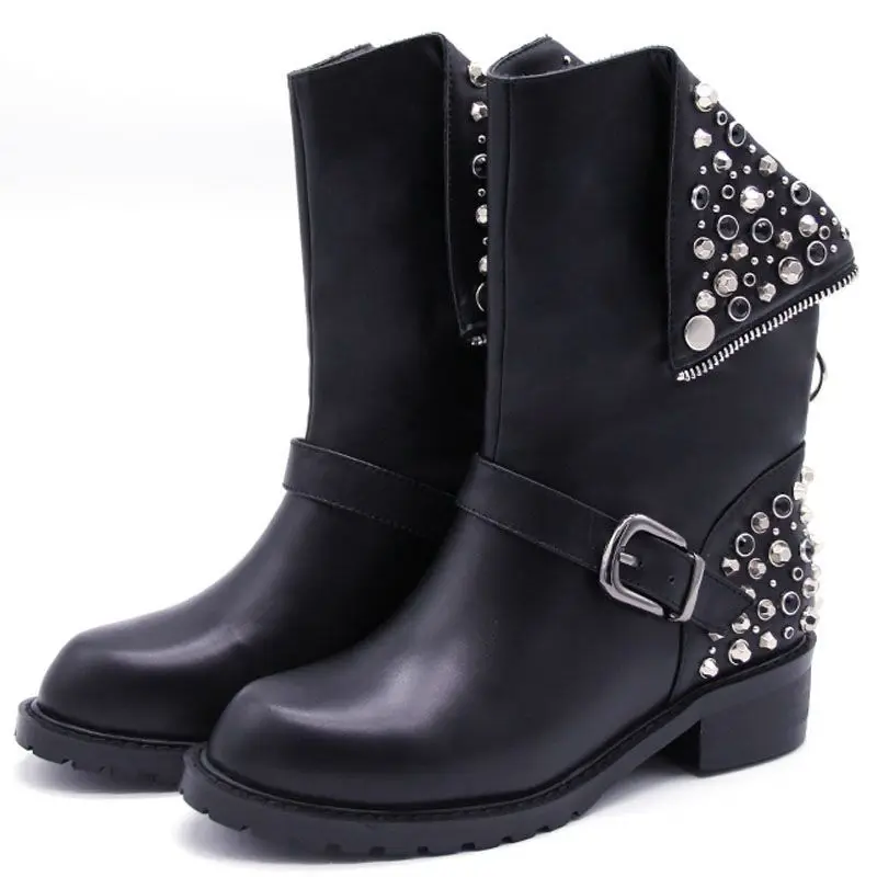 

Rivet Genuine Leather Martin Women Boots Metal Decoration Zipper Locomotive High Heels Neutral Solid Buckle Strap Platform Shoes