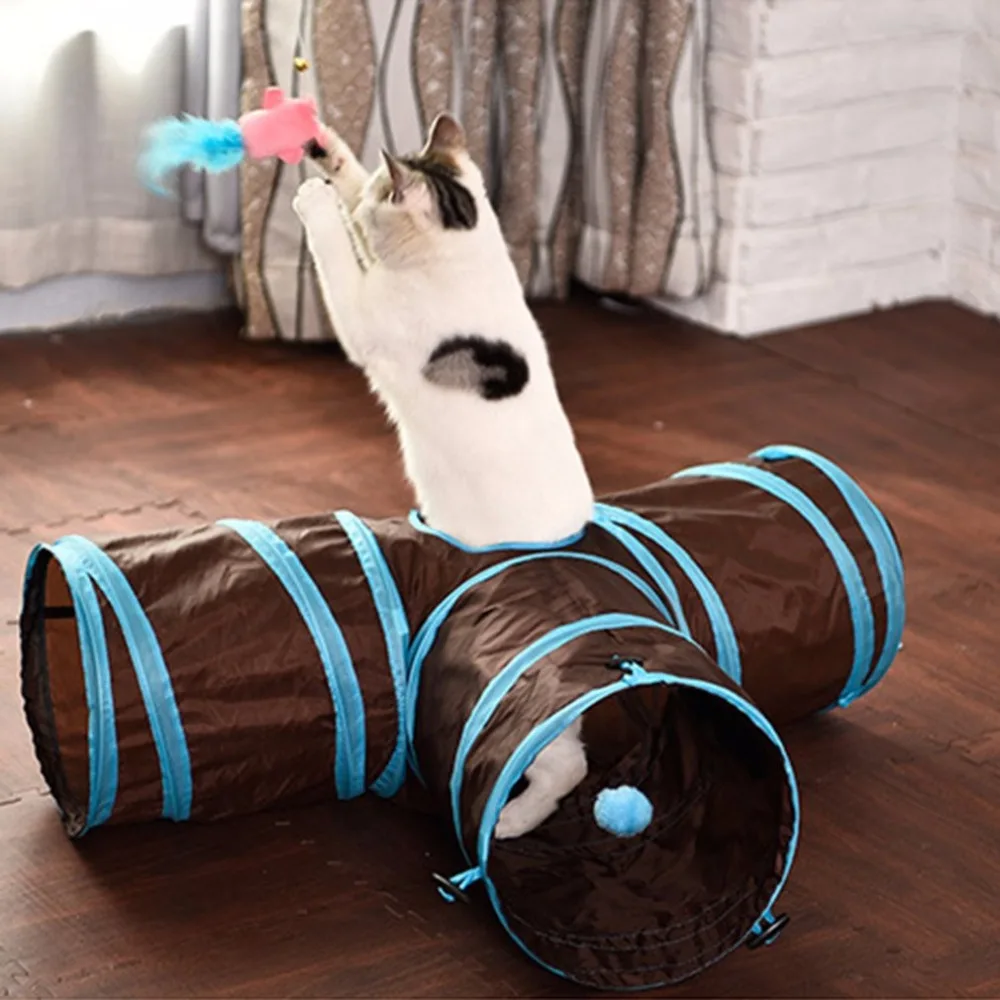 Funny T Shape Nylon Cats Tunnel Toys Three Way Foldable Home Folding Training Tunnel Pet Products Accessories Supplies