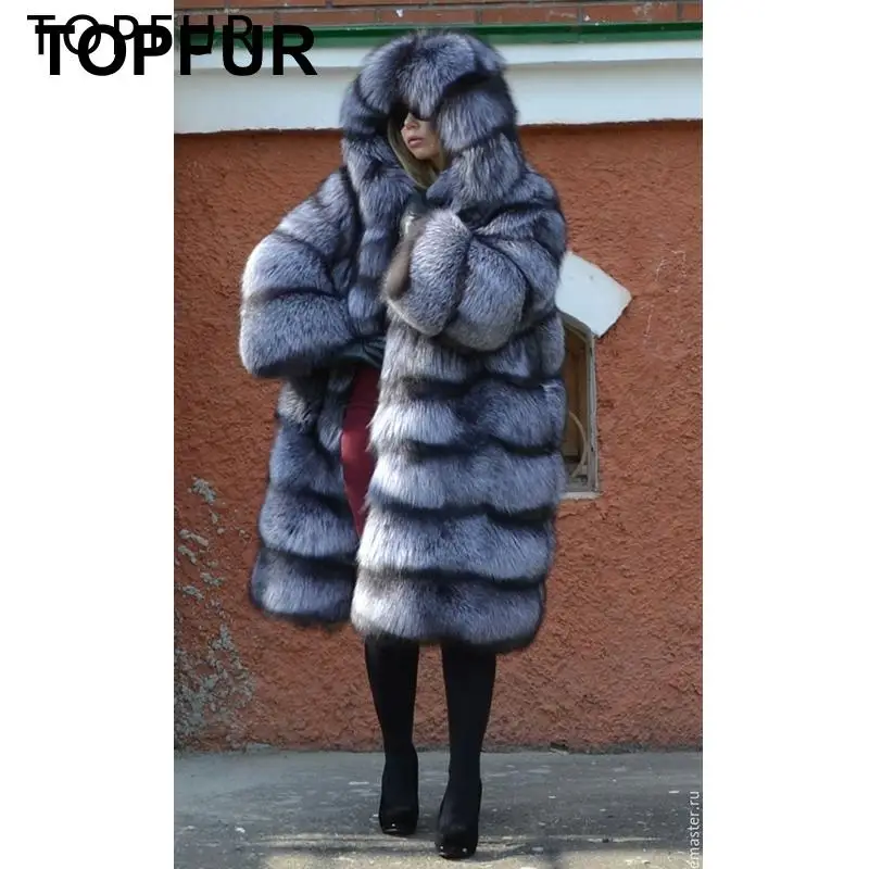 TOPFUR Роскошная модная зимняя шуба из натурального Лисьего меха женская куртка из натурального меха серебристой лисы с капюшоном толстый натуральный мех размера плюс длинный