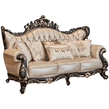 

ProCARE Villa European-Style Sofa Set of the Ebony Large Size Living Room American-Style Solid Wood Varved Furniture Leather