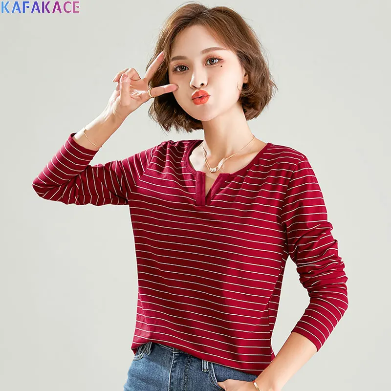

KAFAKACE 2020 Women T-Shirt Striped Print Tops&Tees V-Neck Casual Sweatshirts Show Thin Soft Cotton Red New Pullover Women Tops