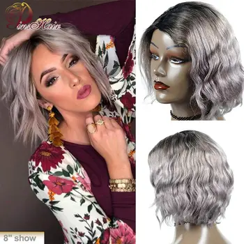 

Ombre Gray Color Lace Front Wig T1B Grey Lace Human Hair Wig Peruvian Body Wave Lace Part Wig Pinshair Pre-Plucked Remy Hair 150
