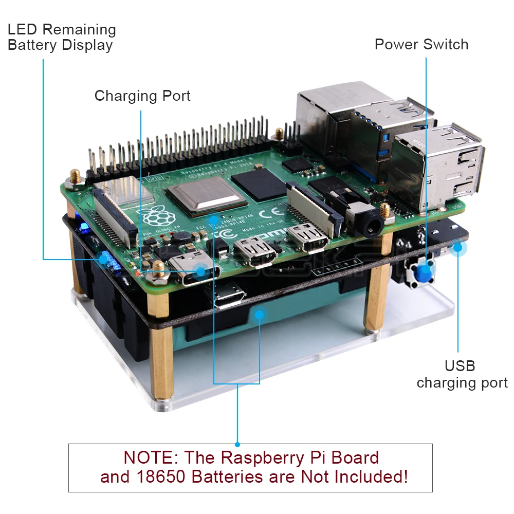 GeeekPi 18650 UPS Pro Расширенный два порта USBA устройство питания для Raspberry Pi 4 B/3B+/3B, не включает аккумулятор 18650