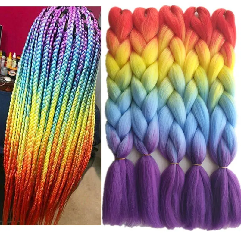 Synthetic Jumbo Braids Hair Extensions 24" 10Pcs Pink Blue Ombre Braiding Bulk for Crochet Braids Hairstyle