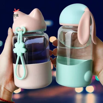 

Kawaii Cute Water Bottle Cartoon Rabbit Glass Bottle With Silicon Sleeve for Kids Student Girls Portable Drink Bottles BPA Free