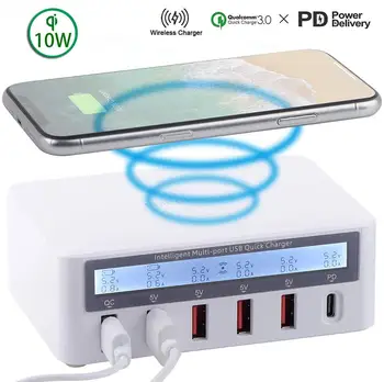 

QC 3.0 Smart Charging Station with 6 Ports LCD USB Charging Dock QI Wireless Charger For iPhone 8Plus 11 Pro Huawei P30 Pro