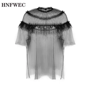 

Spring Summer 2020 Women Black Mesh Perspective Ruffles Temperament T-shirt New Stand Collar Half Sleeve Fashion V835