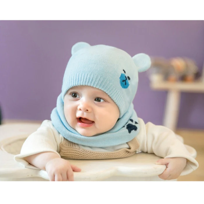 Детская зимняя шапка s наборы с шарфом теплая вязаная Круглая Шапочка Милая шапочка с мультяшным медведем JS26