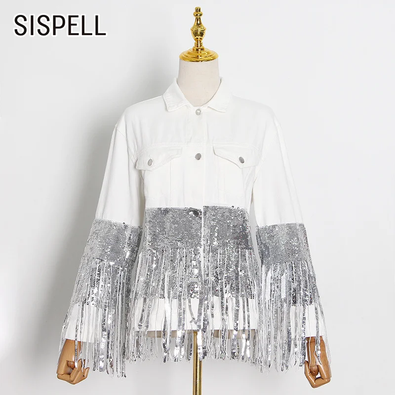 SISPELL Patchwork Sequined Tassel Women's Denim Jacket Lapel Collar Long Sleeve Loose For Female Coats 2020 Streetwear Fashion | Женская