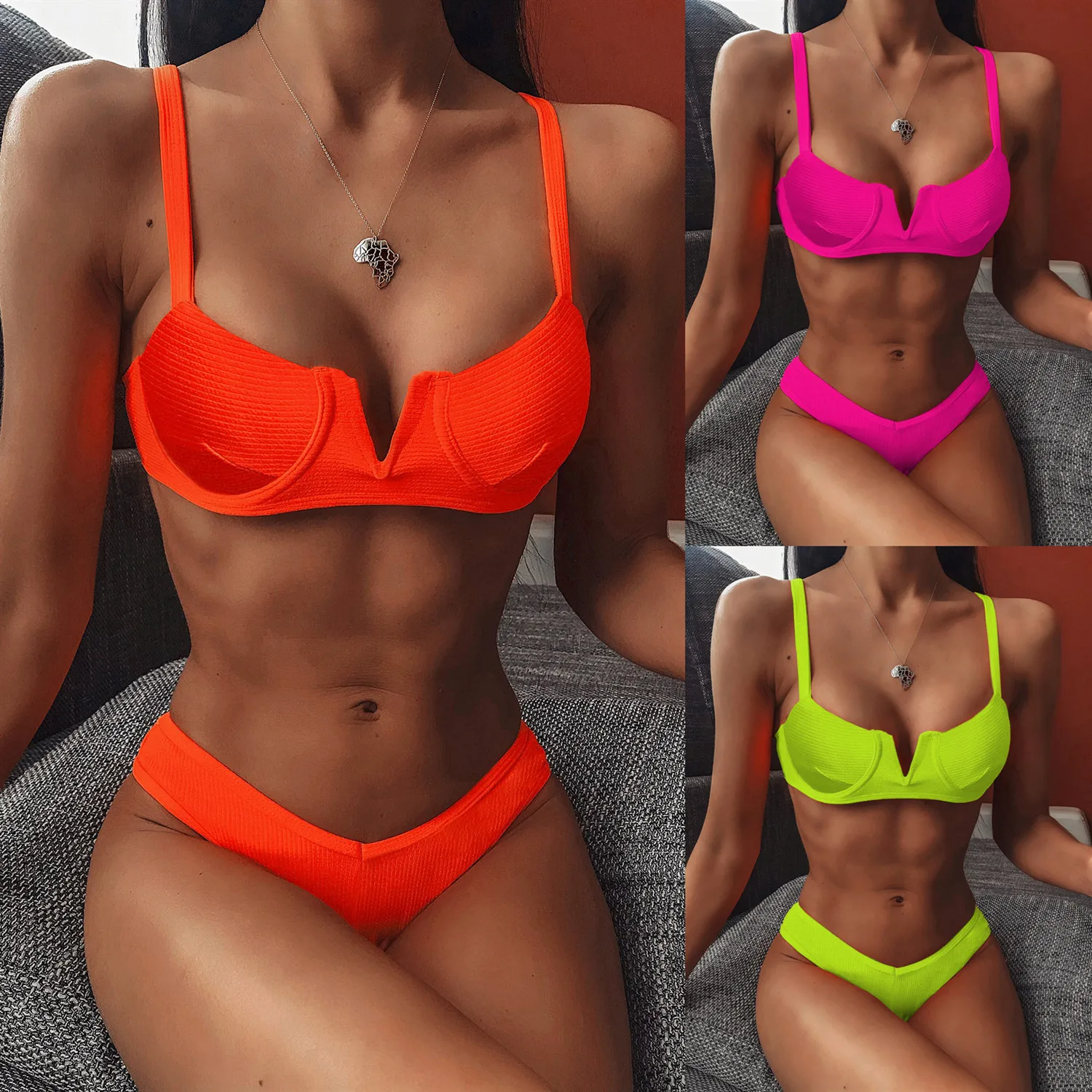 

3 Colors Sexy Bikini Push Up Solid Swimwear Swimsuit Women V-neck Bikinis Set Bathing Suit Beach Bikini Costumi Da Bagno Donna