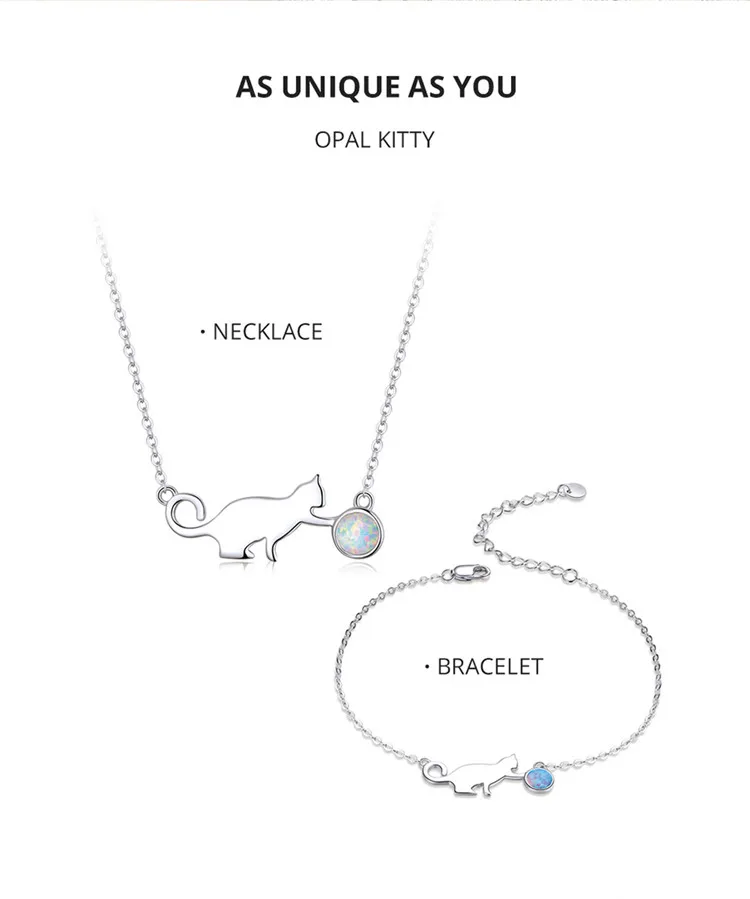 925 Sterling Silver Kitty Pussy Cat with Ball Opal  Chain Necklace Bracelet Jewelry Sets Statement Jewelry Gifts - PeticaDeals