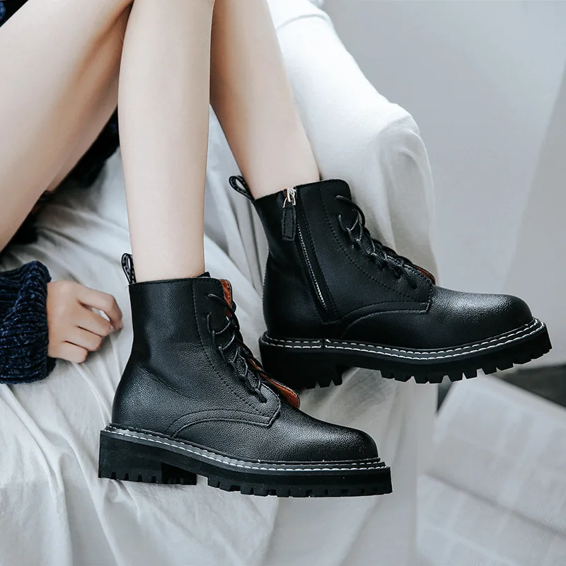 

Yang Mi Celebrity Style 2019 Autumn New Style Short Boots Women's Semi-high Heeled Martin Boots Women's Cowhide round-Toe Boots