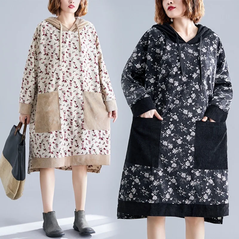 long sleeve Corduroy vintage floral plus size women casual loose midi autumn winter dress elegant clothes ladies dresses