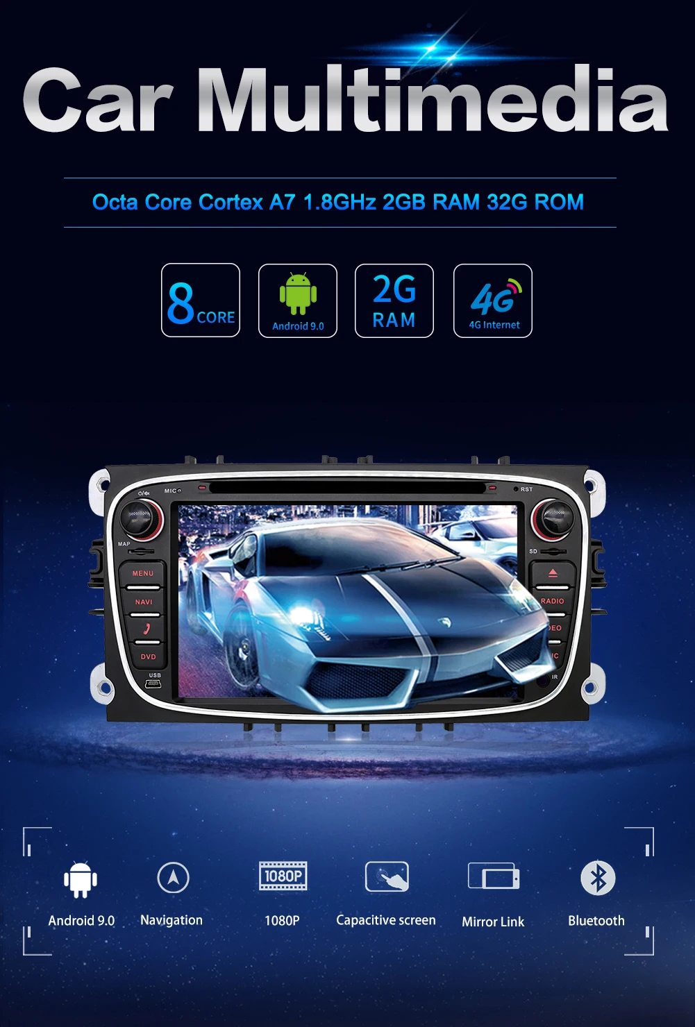 Perfect 32G ROM Android 9.0 Octa 8 core car dvd  for ford for focus 2 mondeo car pc head unit gps navigation 2 din car stereo 4