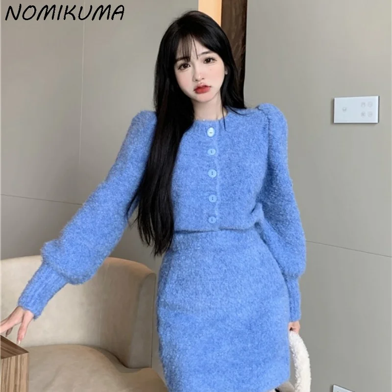 Nomikuma Women Two Pieces Outfits Long Sleeve Sweater Cardigan Coat + High Waist A-line Mini Skirt Korean Fashion 2022 New Sets |