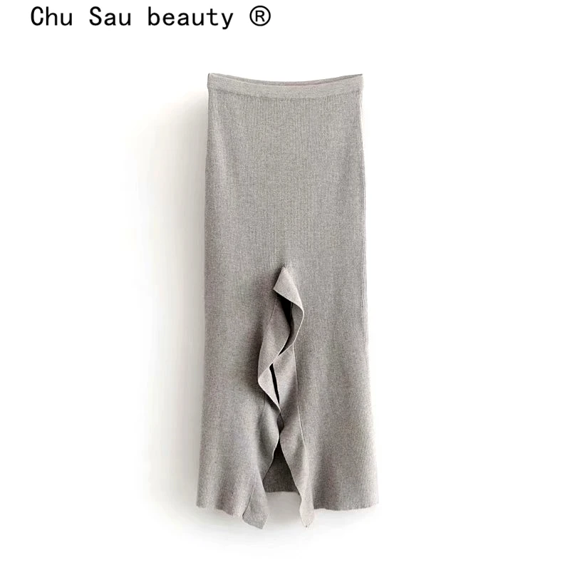 Chu Sau beauty Новая модная уличная вязанная юбка миди для женщин осень зима неровные оборки Толстая длинная юбка