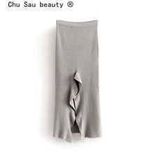 Chu Sau beauty Новая модная уличная вязанная юбка миди для женщин осень зима неровные оборки Толстая длинная юбка