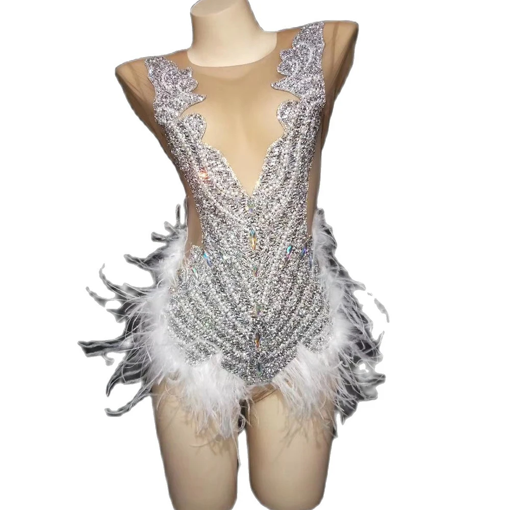 

Sparkling Rhinestones White Feathers Long Sleeve Bodysuits Nightclub Dance Show Wear Party Evening Costume Stage Wear Lady