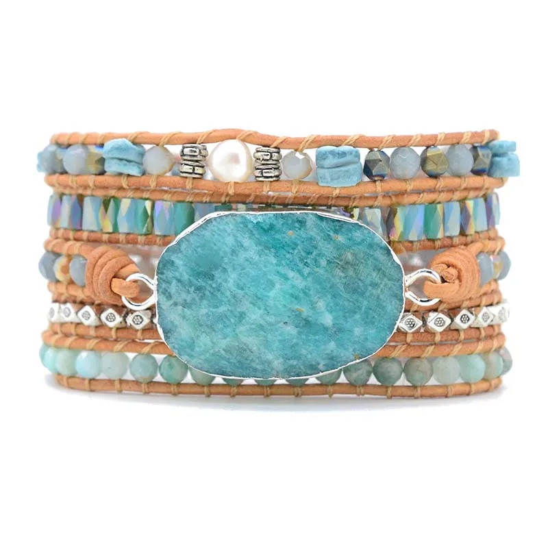 Womens Wrap Bracelet Amazonite Crystal 5 Times Leather Strap Bracelets Multilayers Statement Bracelet Dropshipping