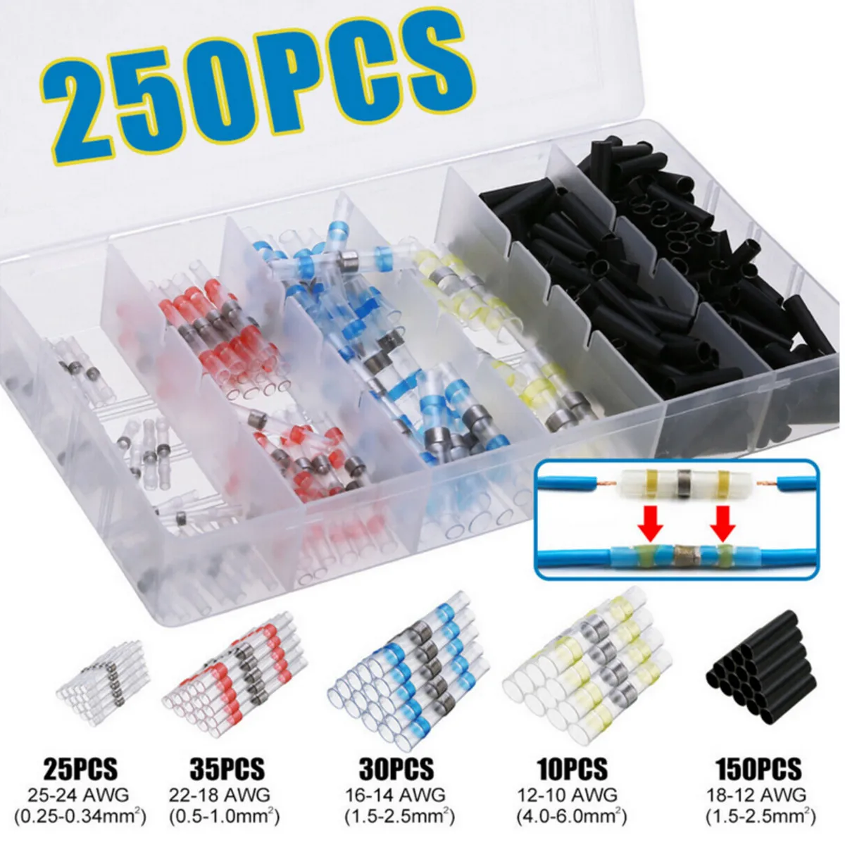 250Pcs/set Electrical Wire Connectors Insulated Solder Sleeve Tube Heat Shrink Sorder Terminal Waterproof Butt Connectors 250Pcs/set Electrical Wire Connectors Insulated Solder Sleeve Tube Heat Shrink Sorder Terminal Waterproof Butt Connectors