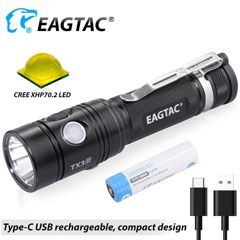

EAGTAC TX3L LED Flashlight Powerful Super-Bright-Torch 3000 Lumens USB Rechargeable Waterproof Hunting Camping 18650 Battery