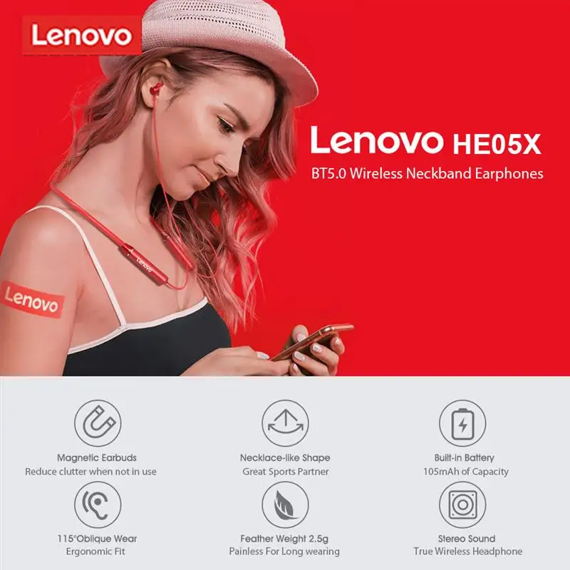 Lenovo HE05X Bluetooth5 0 Wireless Headset Waterproof Sport Earbud with Noise Cancelling Mic Magnetic Neckband Earphones