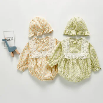 

5218 Newborn Baby Girls Bodysuit Long Sleeve Flowers Print Cute Clothes With Hats Bodysuit Jumpsuit Baby Girls Onesies