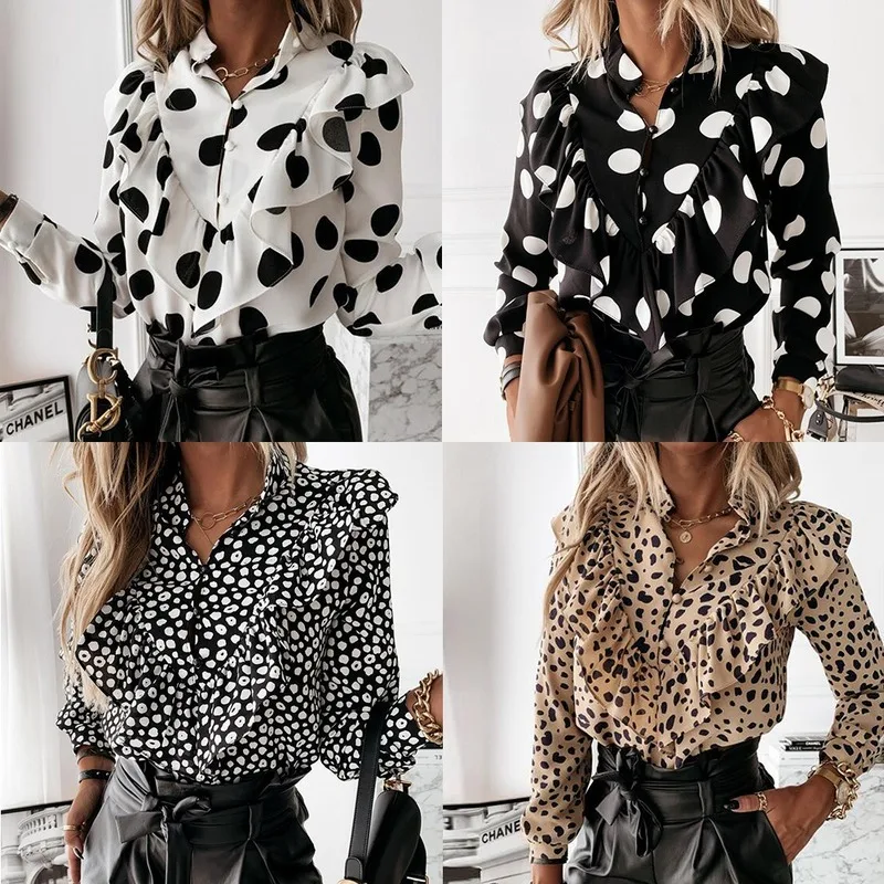 

Wave Point Print Lotus Leaf Side Long-sleeved Shirt V-Neck Chiffon Polyester Plus Size Clothes Womens Sexy Tops