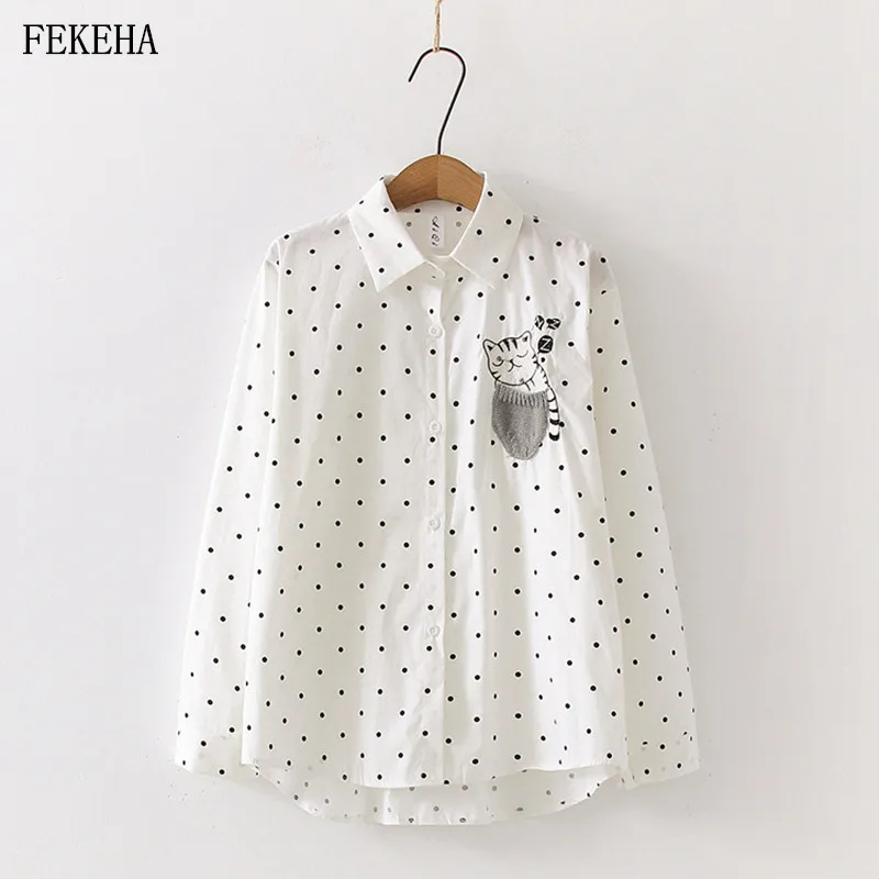 

Cat Embroidery White Shirts Women Plaid Blouses And Striped Tops Cartoon Long Sleeve Loose Girls Clothes College Style