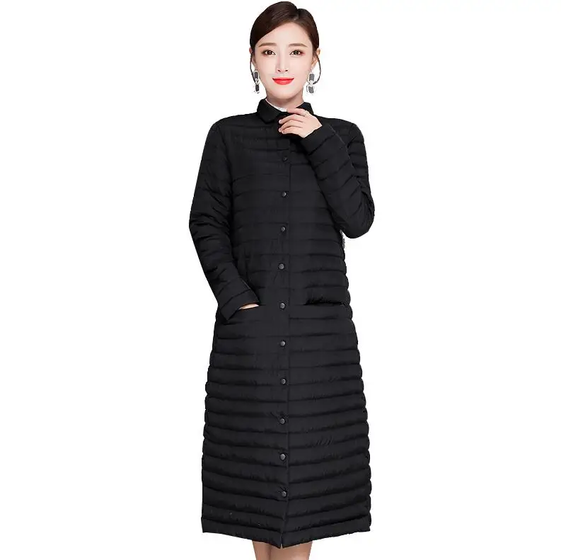 Повседневная куртка Женская осень и зима высокое качество парки модные однотонные длинные пальто из хлопка для женщин - Цвет: Черный