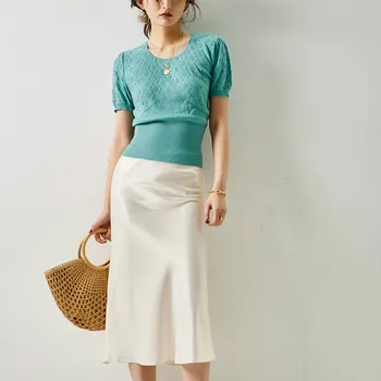 

Women Sweater 2020 Spring and Summer New Style Hollow Waist Knitted Round Neck Bottoming Short-sleeved Sweater Women