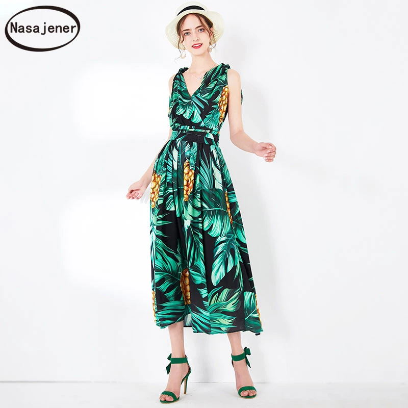 

Spring / Summer 2020 New Fashion Sweet Print High Waist Vacation Long Dress Series Lace Up Collect Waist Sexy V-neck Dress