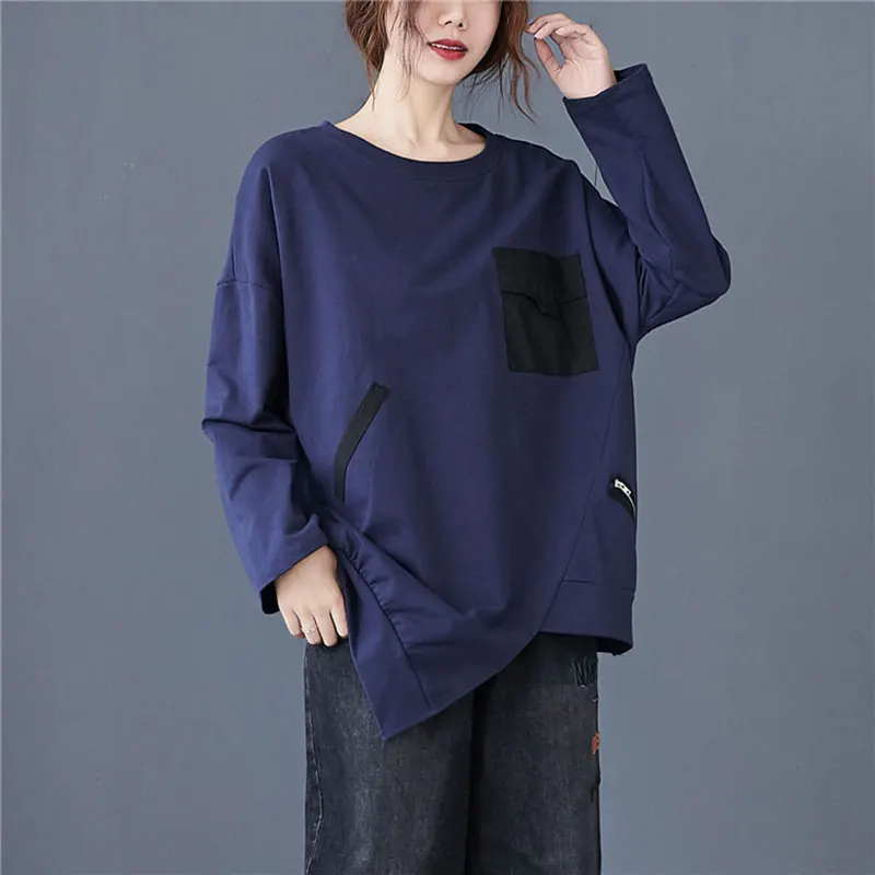 DIMANAF 2020 Plus Size Women T-Shirt Casual Vintage Patchwork Zipper Pullover Cotton Solid Autumn Tee Shirt New Big Size Tops