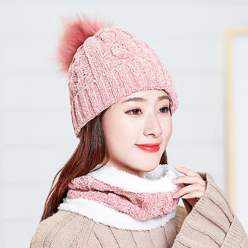 Light pink Зимняя женская вязаная шапка с нагрудником, теплый костюм из двух частей плюс бархатная Толстая ветрозащитная теплая шапка в полоску, украшенная популярными элементами - Цвет: Light pink
